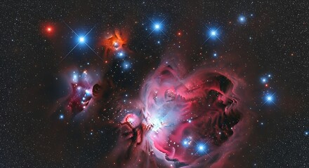 Vibrant nebula with glowing gas clouds and bright stars in deep space.