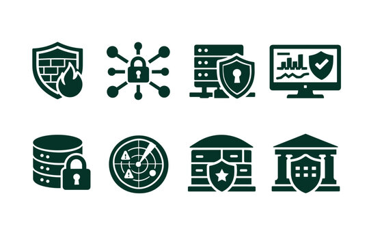 Set of cybersecurity and data protection icons showing firewall, network lock, secure server, monitoring dashboard, database padlock, radar alerts, and shields