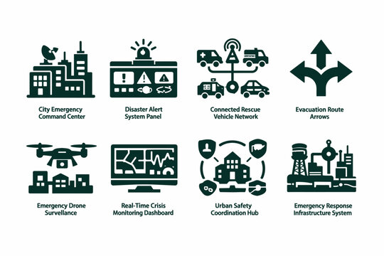 Emergency management icon set showing command center, disaster alerts, connected rescue vehicles, evacuation routes, drone surveillance, and response infrastructure