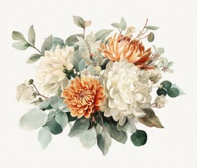 Watercolor floral arrangement with white, orange blooms and green foliage