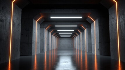 Abstract futuristic tunnel with glowing neon lights and concrete walls in an endless space