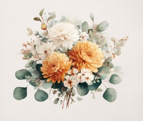 Watercolor bouquet of yellow and white chrysanthemums, greenery, and small white flowers