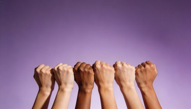 A row of diverse female fists raised in solidarity. Multicultural women showing unity and empowerment on a purple background with copy space