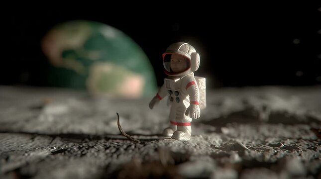 A tiny astronaut toy stands on the rugged lunar landscape with a distant Earth glowing in the dark sky, a symbolic representation of humanity's cosmic aspirations and scientific exploration