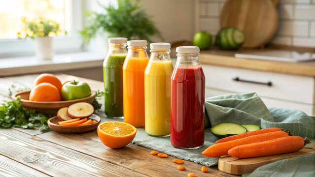 Fresh homemade citrus juices with fruits and herbs on wooden kitchen table by window