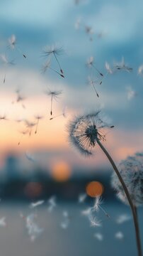 Vibrant photo of Dandelion seed blowing in the wind at sunset over lake