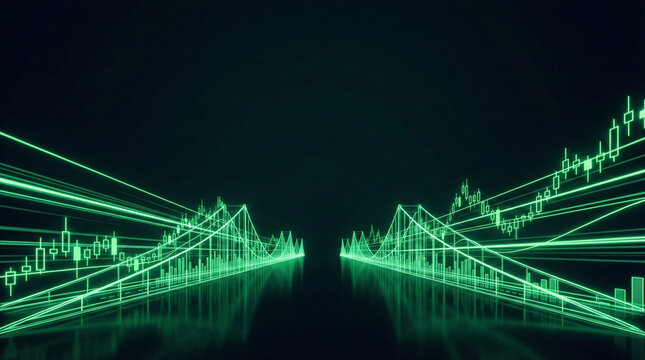 Futuristic suspension bridge constructed from glowing green stock market trend lines and data bars stretching into darkness.