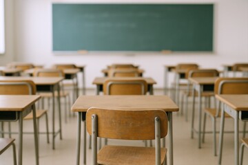 Empty Classroom with Wooden Desks and Chalkboard, Education Setting for Learning and Teaching