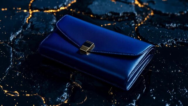 Elegant blue leather clutch purse with a gold clasp resting on a dark, wet marble surface