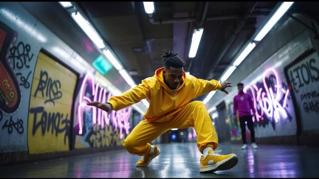 Energetic African American man breakdancing in a graffiti covered underpass with vibrant neon lights