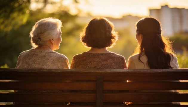 Three women of different generations sitting on a park bench during golden hour. Family and friendship connection at sunset
