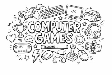 Obraz premium Hand-drawn doodle illustration of computer games lettering surrounded by gaming devices like gamepad, keyboard, headset, joystick, mouse and trophies
