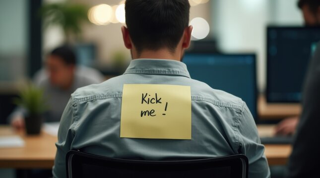 April fools prank concept, sticky note attached to a persons back