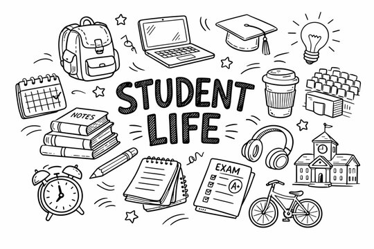 Hand-drawn student life doodle illustration with books, laptop, backpack, graduation cap, exam paper, coffee cup, bicycle and school icons