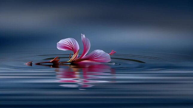 Graceful pink flower petal resting delicately on a tranquil water surface, a serene reflection mirroring its beauty amidst gentle ripples