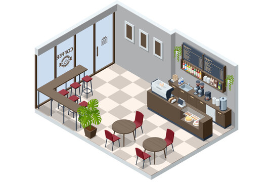 Isometric cafe interior with coffee bar, menu board, seating area, table and chair. Cozy coffee shop layout for restaurant or cafeteria design.