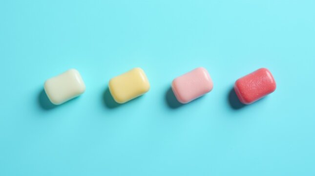 Four pieces of chewing gum lie in a row on a blue background 
