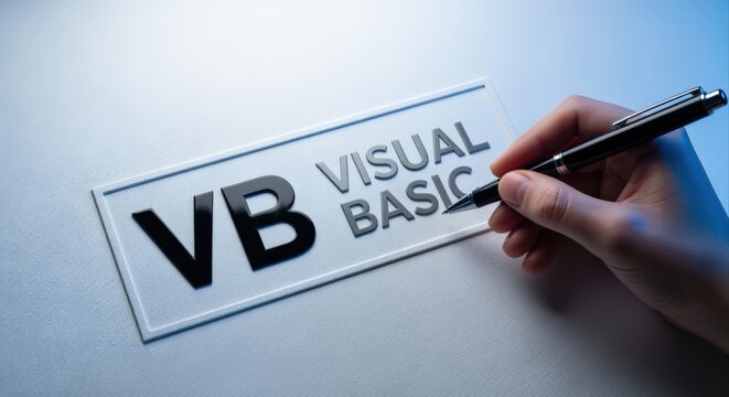 Visual Basic Development Concept: Close-up Image of Hand Holding Pen near VB sign