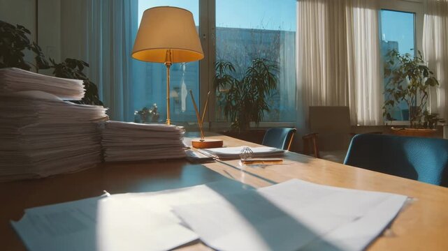 Medium shot of a modern notary office illuminated by soft natural light streaming through large windows creating a calm inviting ambiance for detailed document reading