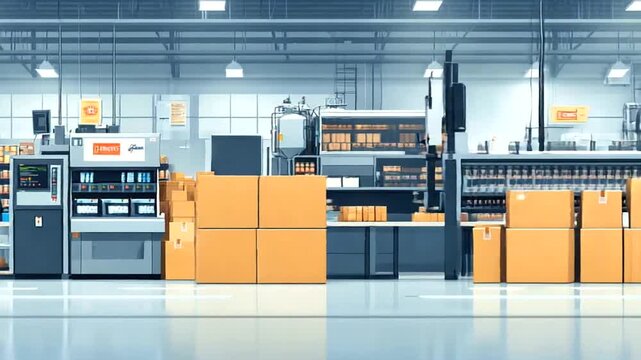 Modern warehouse interior showcasing automated packaging processes