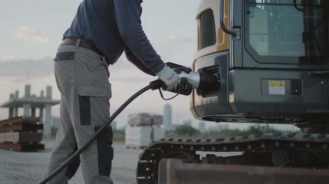 A worker plugs a charging cable into an electric excavator at a construction site. This scene highlights sustainable industrial practices and green energy in modern construction.