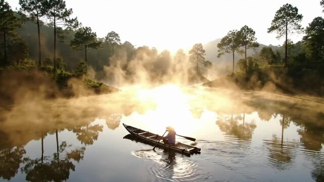 Morning boat ride on a river in a forest area with mist and trees in the background at sunrise