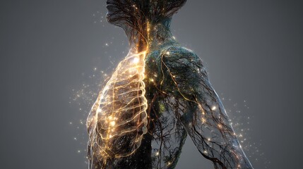 human body transparent, filled with glowing roots and minerals instead of veins, concept of connection to nature 