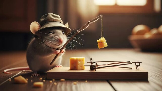 Smart mouse wearing a hat attempts to retrieve cheese from a trap with a fishing pole, demonstrating clever pest behavior.