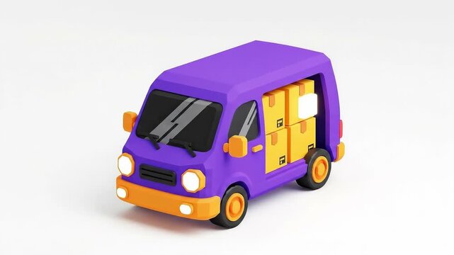 A purple delivery van with orange accents and open side door isolated on white background