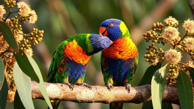 Colorful birds interact on a branch in a natural setting during daytime in a forest