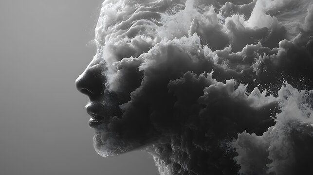 portrait dissolving into ocean waves, inner thoughts forming fluid shapes, calm yet powerful energy 