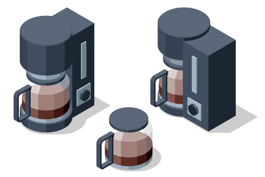 Drip coffee maker. Isometric drip coffee maker set with glass carafe and filter unit. Office or cafe brewing equipment for hot coffee beverage, minimal appliance illustration.