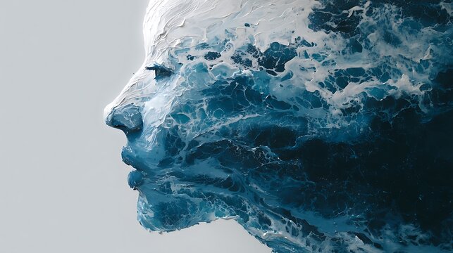 portrait dissolving into ocean waves, inner thoughts forming fluid shapes, calm yet powerful energy 