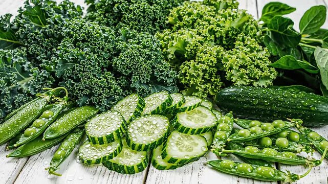 Vibrant close-up of fresh green vegetables: kale, sliced cucumber, and peas on a white wood surface, emphasizing raw nutrition and food independence.