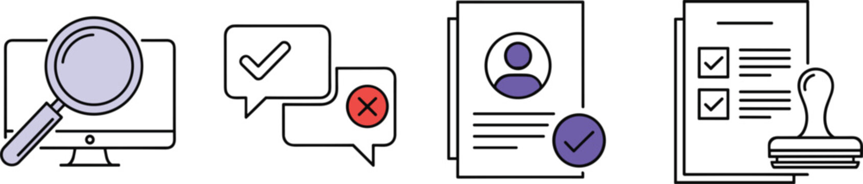 Document verification and approval process icons with checklist resume stamp search vector illustration set