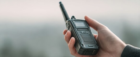 The Walkie-Talkie Held in Hand Against Soft Blurred Background During Communication