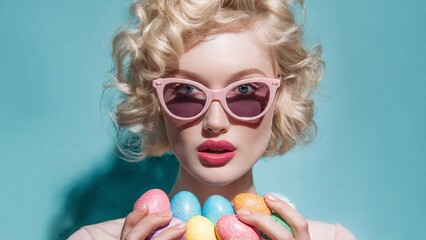 Fototapeta premium A woman with blonde hair and pink sunglasses holding colorful Easter eggs
