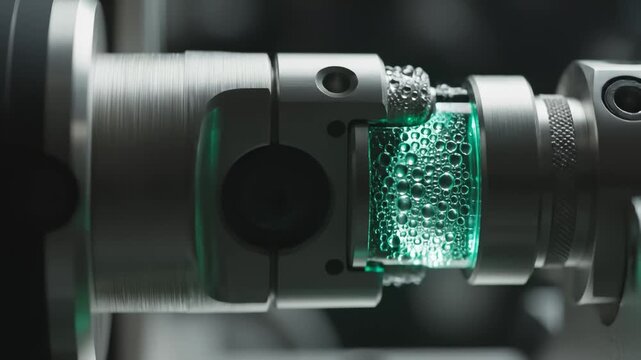 Close-Up of Mechanical Device With Green Liquid and Bubbles, Detailed Abstract