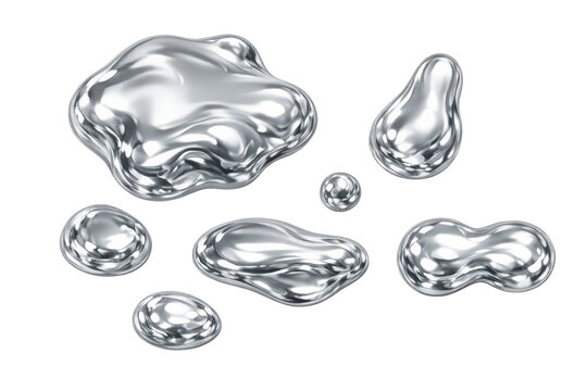 Liquid metal dropping elements, shiny mercury blobs, silver splash liquid, chemical fluid isolated on transparent background