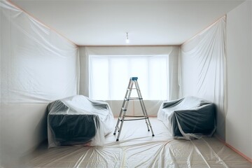 Room covered with plastic sheet and ladder. Home renovation preparation