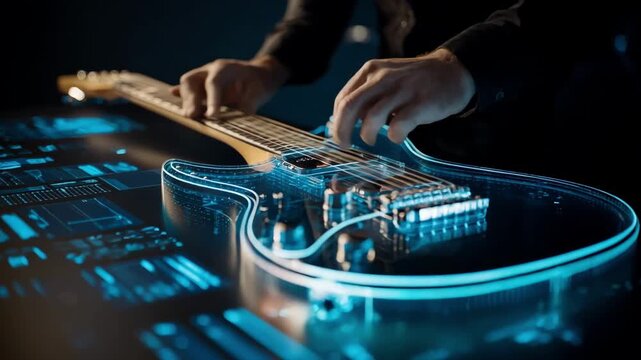 Medium shot of a musician exploring interactive augmented reality scales and riffs on a guitar blending technology with traditional practice.