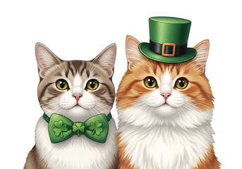 Two cats wearing green accessories for st. patrick's day, one with a bow tie and the other with a top hat. isolated on transparent background, png