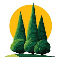 Green trees silhouetted against a yellow sun on a white background