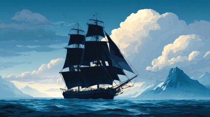 Obraz premium Majestic Tall Ship Sailing on Open Sea, Under a Cloudy Sky with Mountain Backdrop