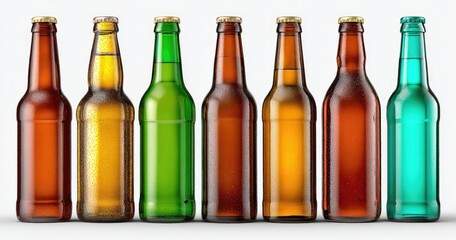 Seven transparent glass bottles of various colored beverages stand in a row