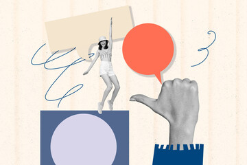 Obraz premium Composite artwork photo collage template sketch of thumb hand gesture showing feedback box sticker speech cloud young woman stand smile