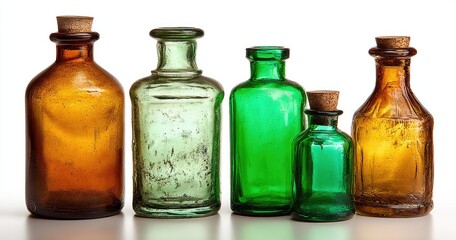Five antique glass bottles of various colors, cork-stopped, arranged in a row
