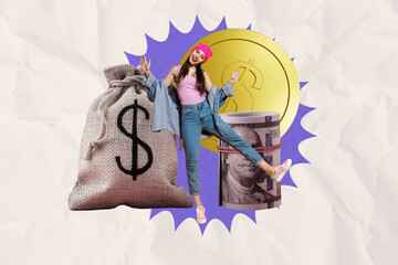 Trend artwork creative sketch photo collage of young lady dance rich dollars bag coins banknote savings investment economy income market