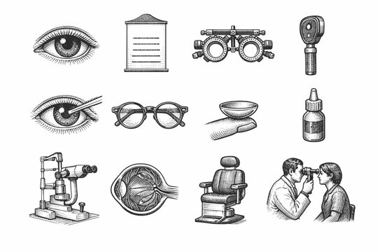 Vintage ophthalmology and optometry set with eye anatomy, vision examination tools, eyeglasses, slit lamp, phoropter, and eye drops illustrations