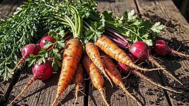 Freshly harvested organic carrots and radishes displayed on rustic wooden table, symbolizing mandiri pangan and healthy eating.